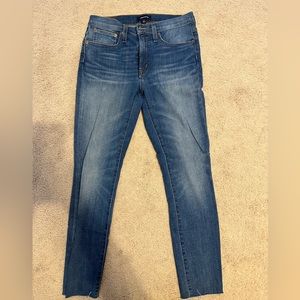 J Crew 9” High-Rise Toothpick Jeans Medium Wash Raw Hems. Size 27